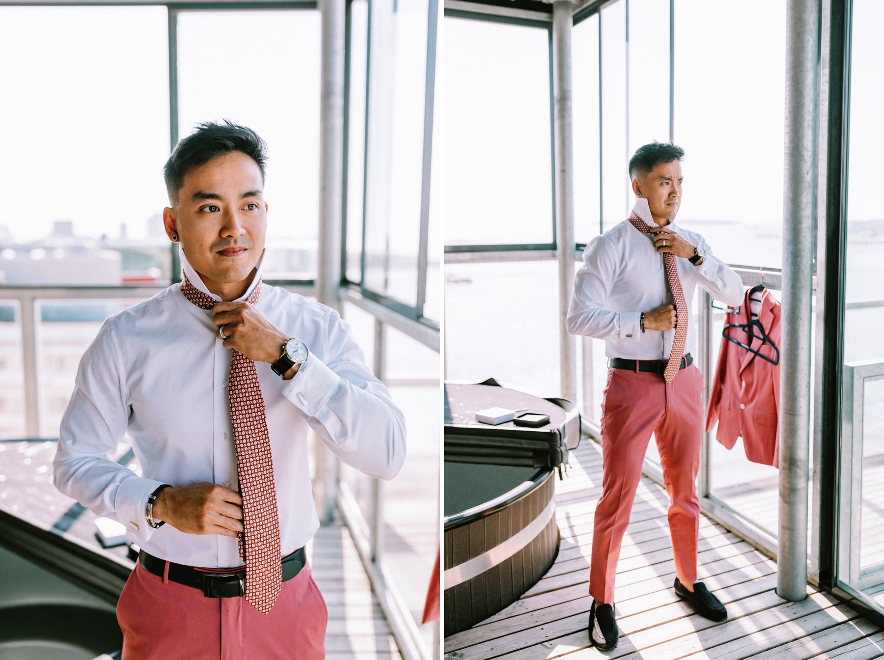 groom wearing pink suit
