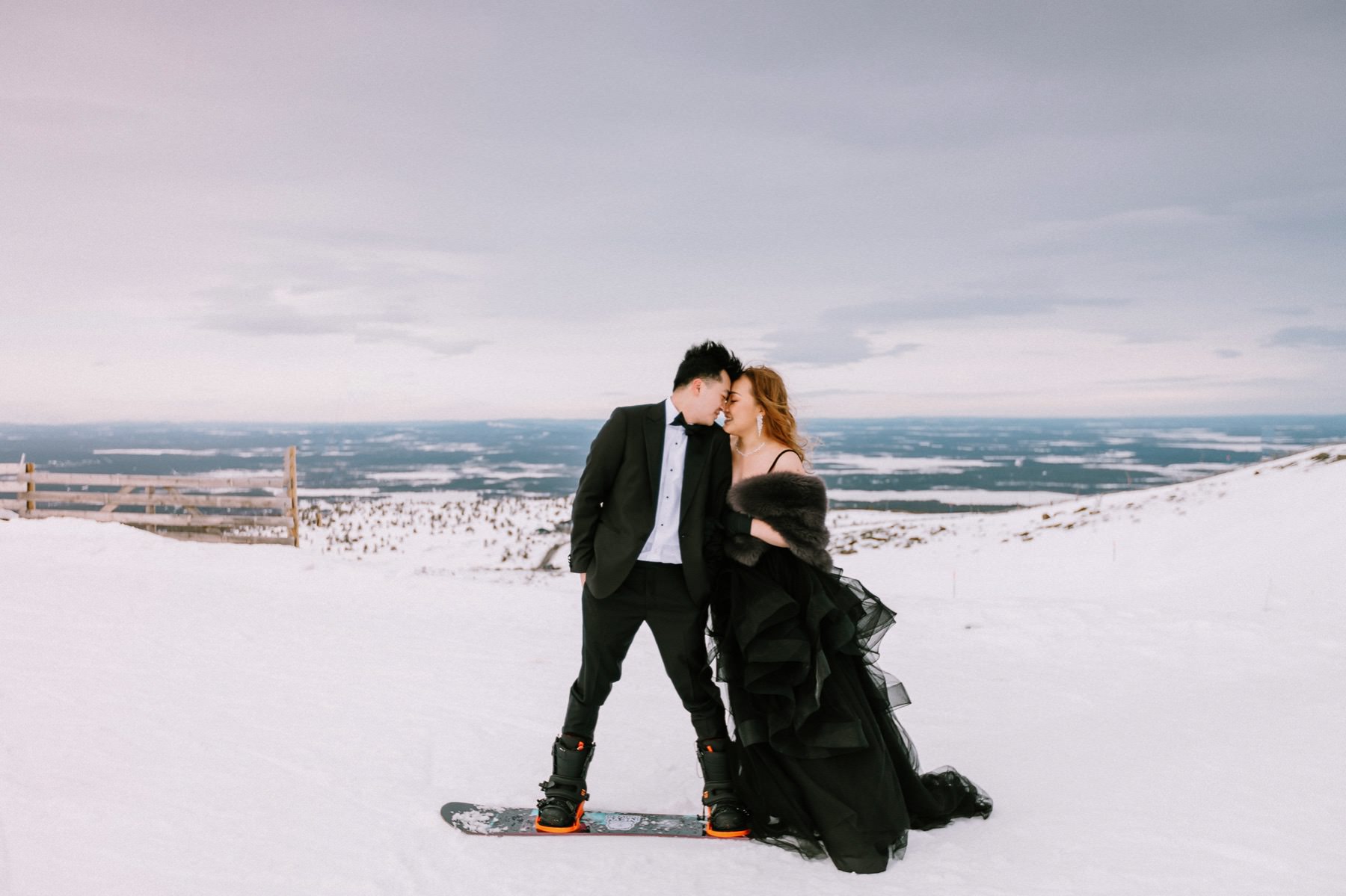 pre wedding session snowboard